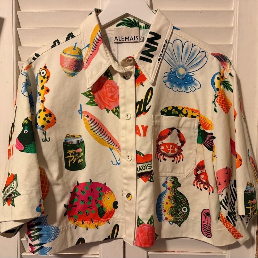 Alemais White Button Down Shirt with Fisherman Prints